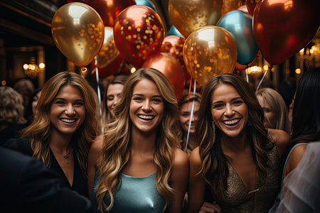 Happy friends celebrate an elegant hotel ballroom birthday., generative AIの素材