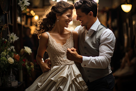 Couple rehearses romantic dance in studio for the wedding., generative AIの素材