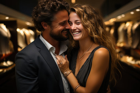 Coupleting couple chooses alliances in luxurious jewelry., generative AIの素材
