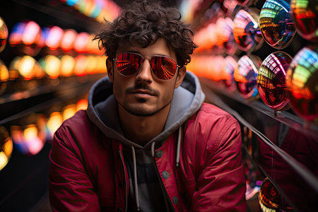 Customer explores colored lenses, reflecting vibrant tones, generative AIの素材