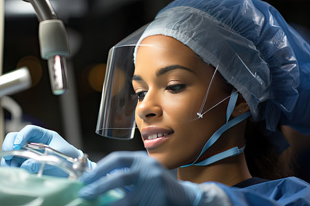 Dentist seal applies to a smiling patient to the chair., generative AIの素材