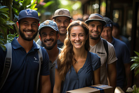 Joyful delivery man gives an animated client package., generative AIの素材