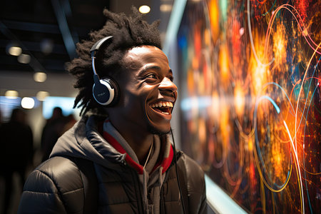 Student immersed in hearing practice in Language Laboratory., generative AIの素材