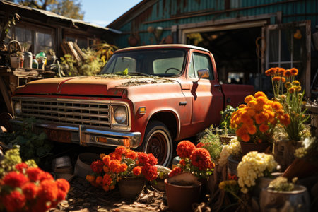 Driver fills gardening for gardening in sunny and flowered scenery., generative AIの素材