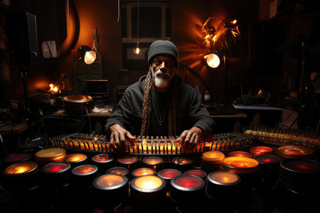 Musician chooses among various drums, seeking rhythm., generative AIの素材