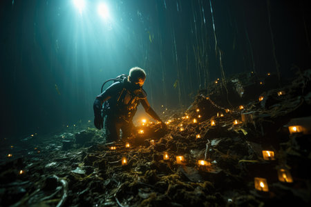 Rescue diver explores underwater wreckage in search., generative AIの素材