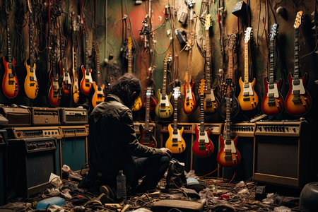 Musician seeks sound identity by experiencing diverse electric guitars., generative AIの素材