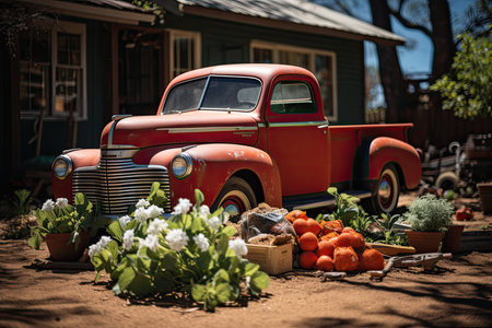 Driver fills gardening for gardening in sunny and flowered scenery., generative AIの素材