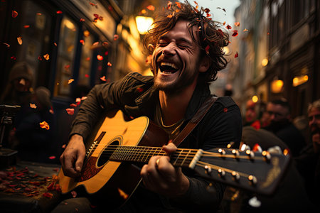 Captivating musician creates vibrant atmosphere in a crowded bar., generative AIの素材