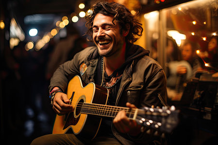 Captivating musician creates vibrant atmosphere in a crowded bar., generative AIの素材