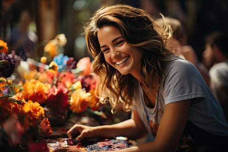 Vibrant workshop where artists paint screens with various techniques., generative AIの素材