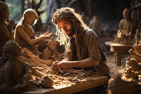 Living Workshop: Sculptors shaping three -dimensional forms with passion., generative AIの素材