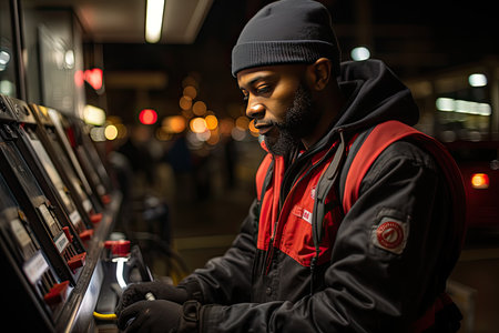 Driver attentive checks oil while awaiting supply., generative AIの素材