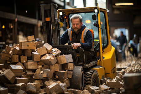 Skillful operator moves wood in construction deposit., generative AIの素材