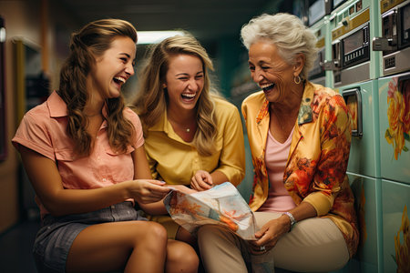 Happy people socialize in laundry while waiting for clothes., generative AIの素材