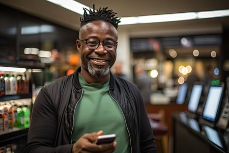 Patient smiling when using app for continuous use medicine in modern pharmacy., generative AIの素材