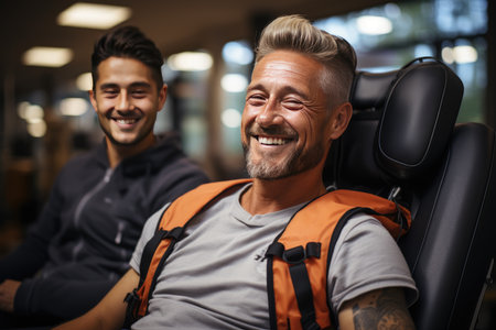 Concentrated patient performs strengthening exercises with physical therapy equipment., generative AIの素材