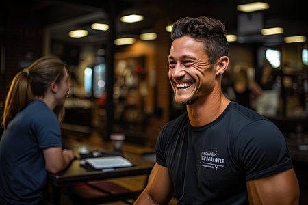 Personal Trainer and Customer discuss well -equipped gym goals., generative AIの素材