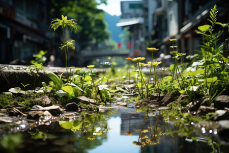 Urban landscaper revitalizes with pollution -resistant plants, reflecting resilient renewal., generative AIの素材