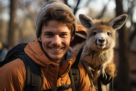 Smiling father chooses between sling and kangaroo, keeping the baby close and his hands free., generative AIの素材