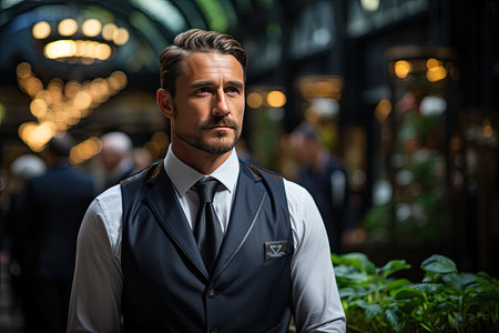 Elegant doorman checks visitors in sophisticated building., generative AIの素材