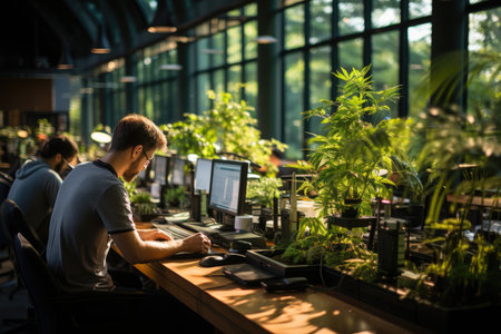 Professionals immersed in productive work in a modern shared office with stable connection., generative AIの素材