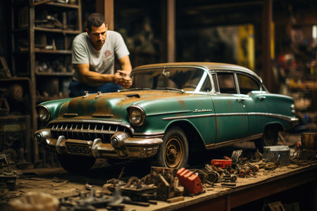 Classic car restoration in nostalgia workshop., generative AIの素材