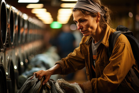 Frantic rhythm in the laundry: People arrive with dirty clothes, machines spin, colors mingle., generative AIの素材