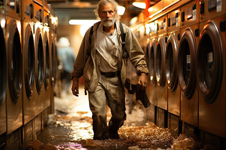Frantic rhythm in the laundry: People arrive with dirty clothes, machines spin, colors mingle., generative AIの素材