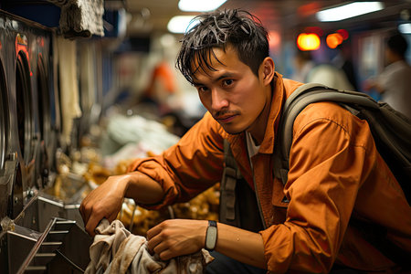 Frantic rhythm in the laundry: People arrive with dirty clothes, machines spin, colors mingle., generative AIの素材