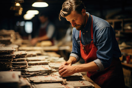 Skillful restorers relive old books in a binding workshop., generative AIの素材