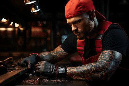 Meticulous tattoo artist creates art on the skin accurately., generative AIの素材