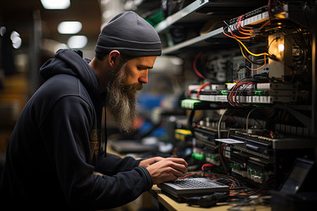 Technician helps clients configure peripherals carefully., generative AIの素材