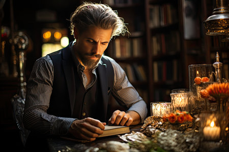 Elderly Lord chooses elegant glasses, joining fashion and functionality between book shelves., generative AIの素材