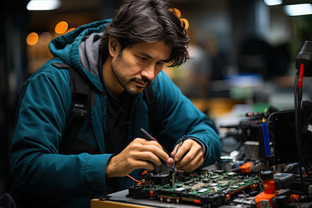 Skillful technician replaces damaged motherboard accurately, generative AIの素材