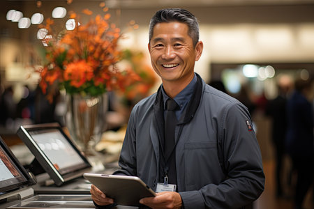 Seller highlights customer tablet advantages., generative AIの素材