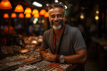 Radiant variety of precious necklaces displayed by enthusiastic salesman., generative AIの素材