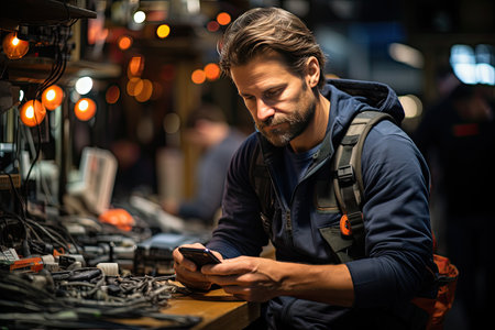 Technician guides client cyber security with repair smartphones., generative AIの素材