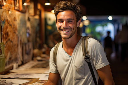 Traveler seeks refuge, agent suggests serene destinations., generative AIの素材