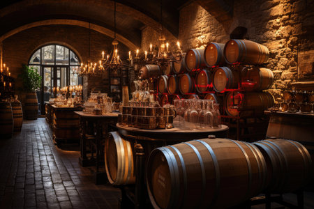 Cozy rustic cellar with oak barrels and soft lighting., generative AIの素材