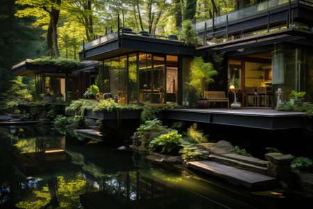 Eco-sustainable house with solar panels and rainwater., generative AIの素材