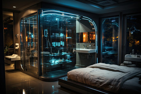 High-Tech bathroom smart mirrors, voice shower and automation., generative AIの素材