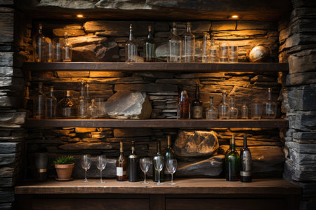 Compact cellar in the cabinet with glass doors, efficient organization., generative AIの素材