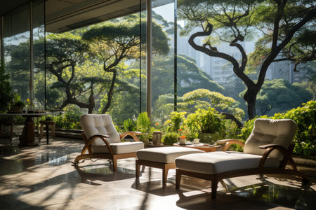 Contemporary apartment overlooking lush park, connecting nature and architecture., generative AIの素材