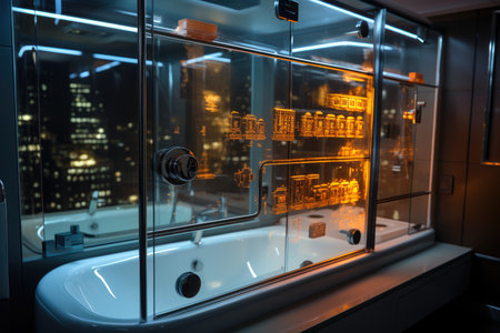 High-Tech bathroom smart mirrors, voice shower and automation., generative AIの素材