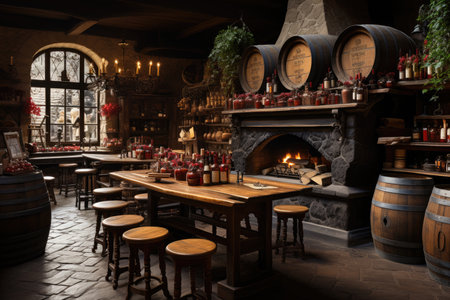 Thematic cellar full of international wines and various labels., generative AIの素材