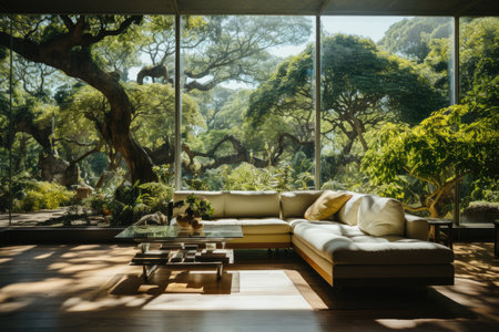 Contemporary apartment overlooking lush park, connecting nature and architecture., generative AIの素材