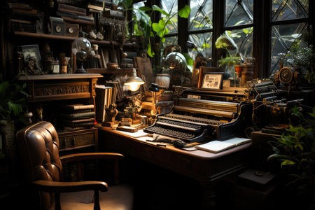 Vintage Home Office scenario with dark furniture and retro elements., generative AIの素材