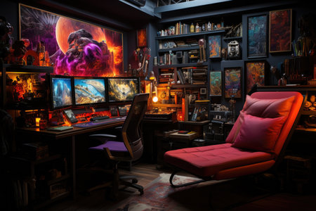 Geek Scenario Action Figures, pop culture and thematic decoration in a welcoming home office., generative AIの素材