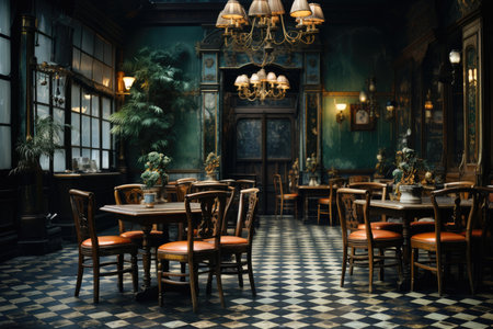 Vintage Scenario Wooden table, velvet chairs and old lamps in retro dining room., generative AIの素材